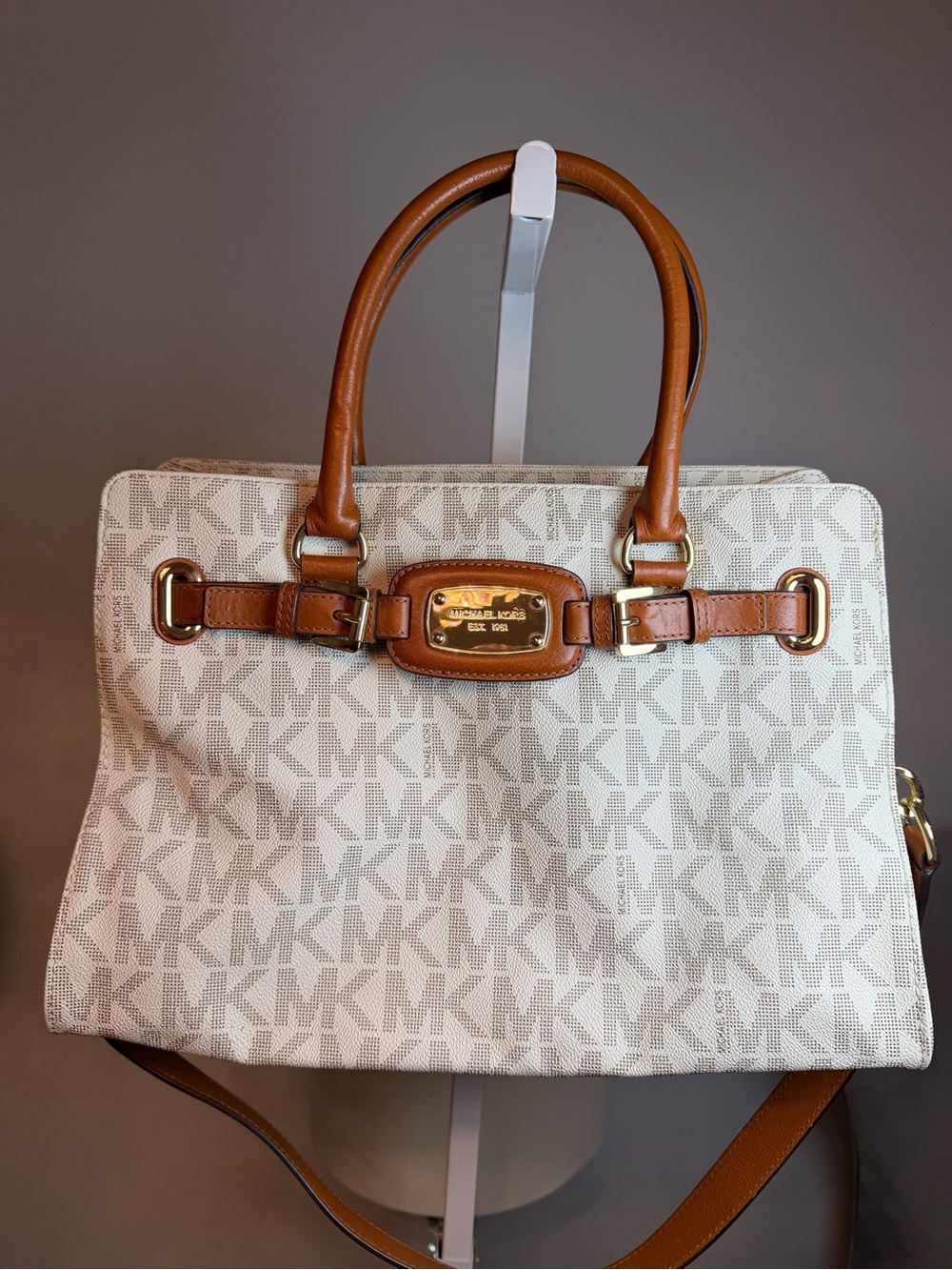 Michael Kors Cream Logo Satchel with Brown Leather Trim